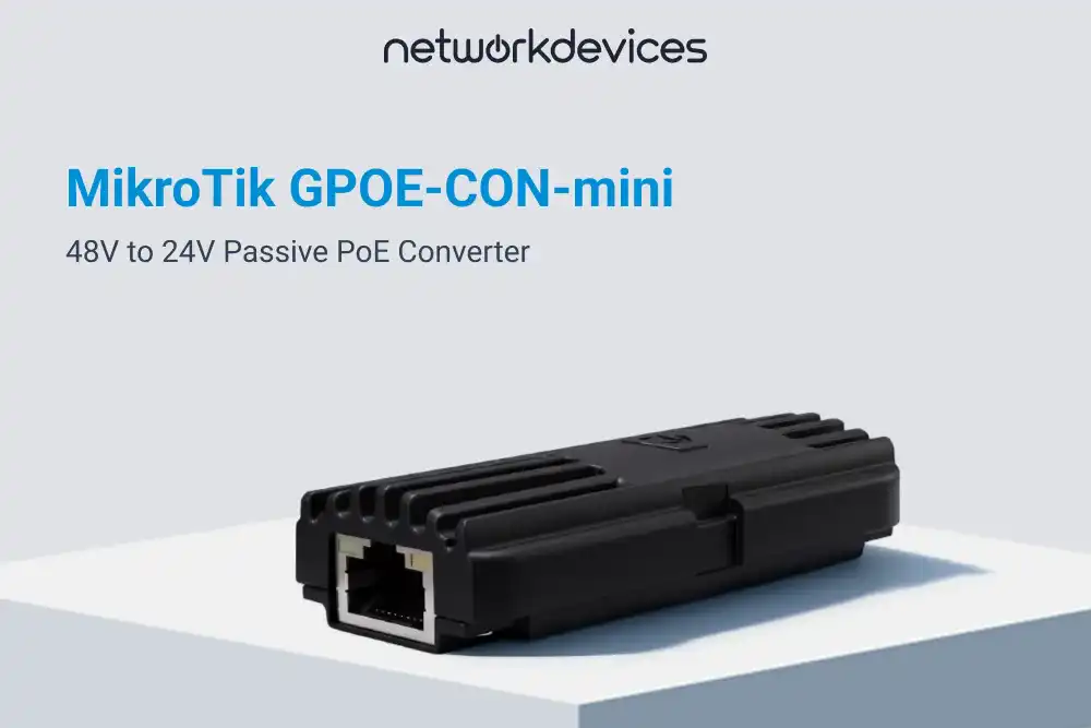 MikroTik GPOE-CON-mini 48V to 24V Passive PoE converter with black finned housing and RJ45 port on a white display block