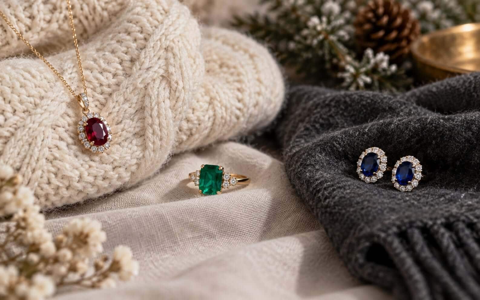A red gemstone pendant on cream knitwear, a green ring on pale fabric and blue gemstone studs on charcoal knitwear.