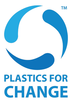 The logo for Plastics For Change, featuring three blue teardrop shapes arranged in a circular,