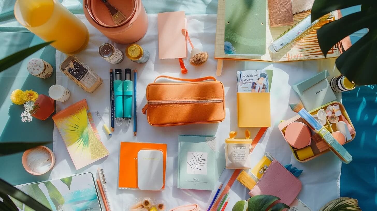 a serene care package overflowing with vibrant self-care items such as mindfulness journals, fitness accessories, engaging games, and colorful creative supplies, all beautifully arranged on a soft, natural backdrop, radiating warmth and tranquility.