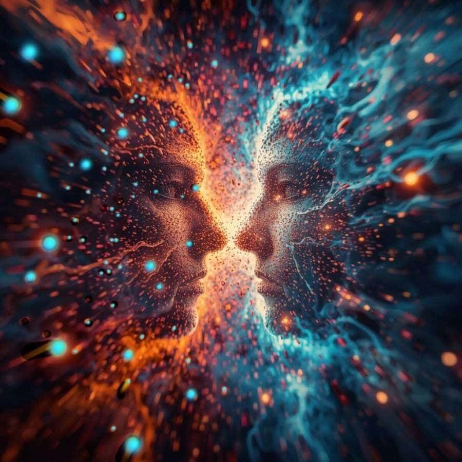Two luminous human-like faces composed of flowing blue and orange light particles face each other in a field of energy, symbolizing awareness, connection, and the merging of perception into unified consciousness.