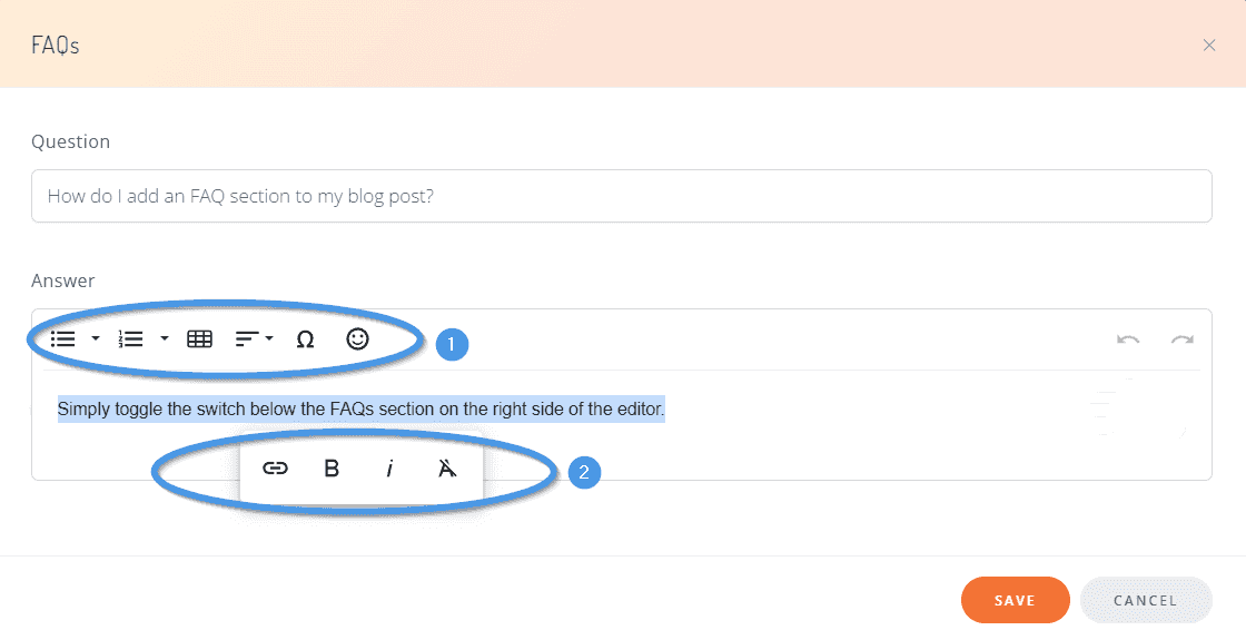 Editing options inside the FAQ editor