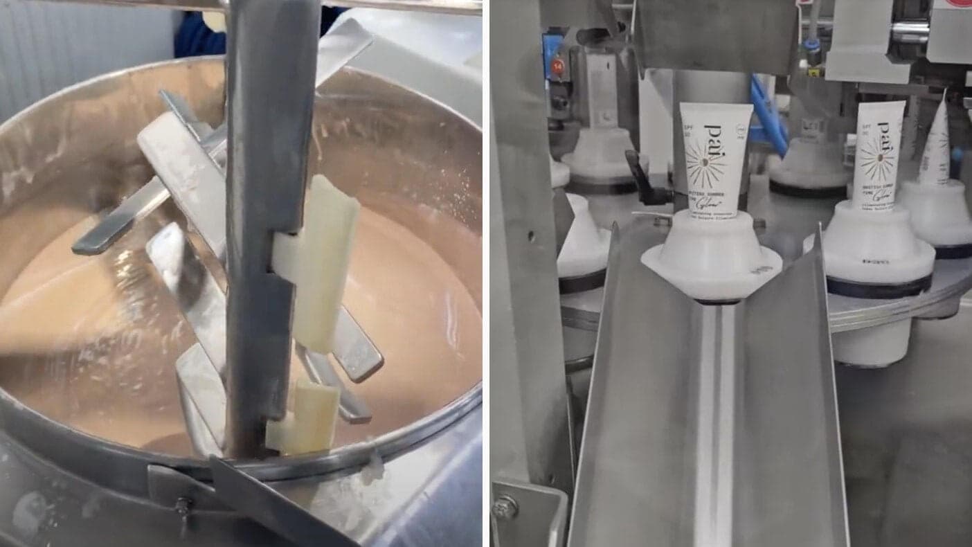 Industrial mixing equipment blending luminous sunscreen formula in laboratory with Pai products visible on production line