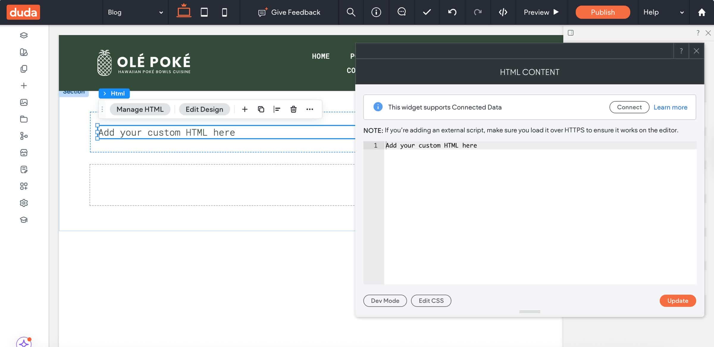 Drag and drop HTML Content widget in Duda