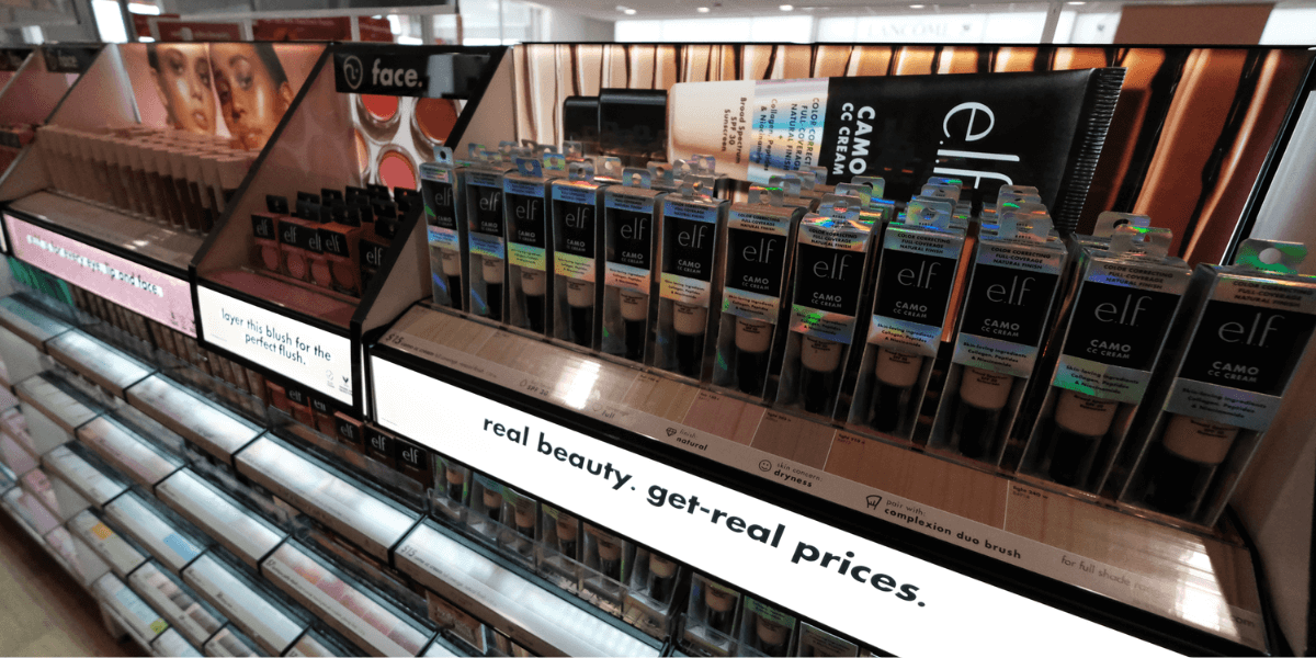 Display of e.l.f. makeup products in a store.