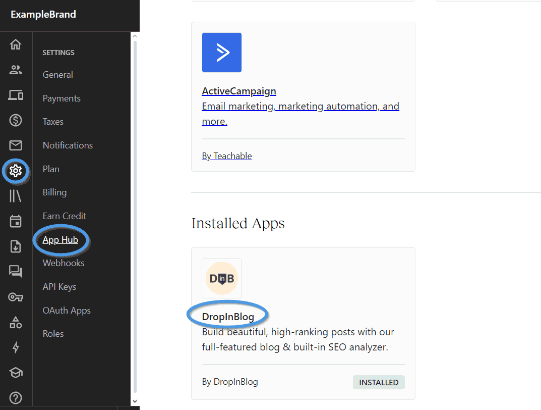 Locating the DropInBlog app from your Teachable account