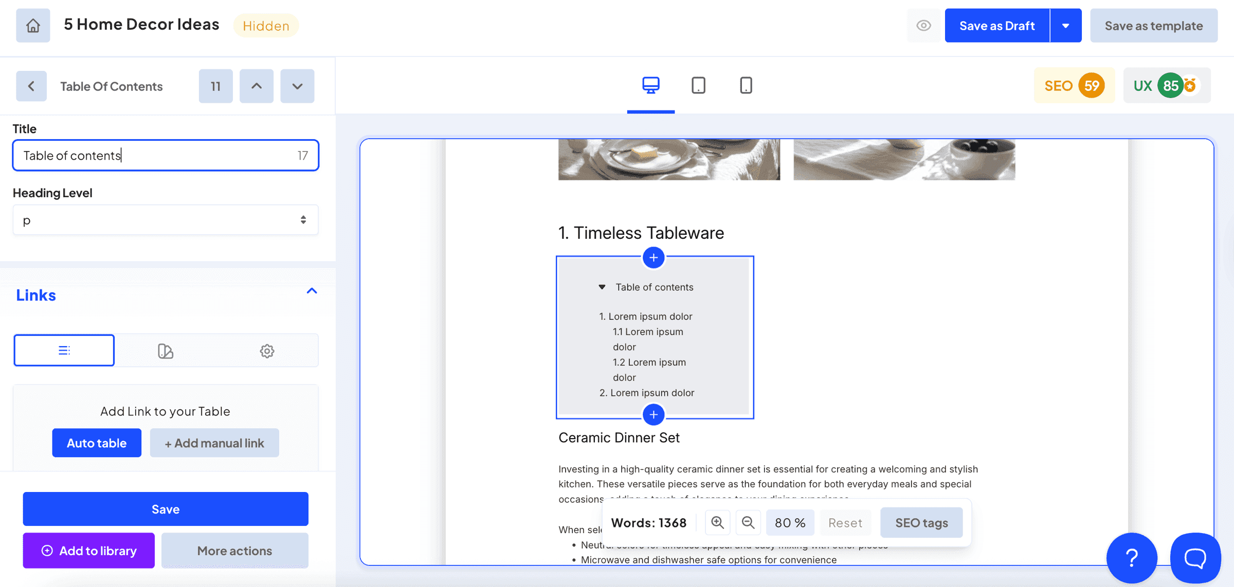 Adding a table of content from within Bloggle's content editor