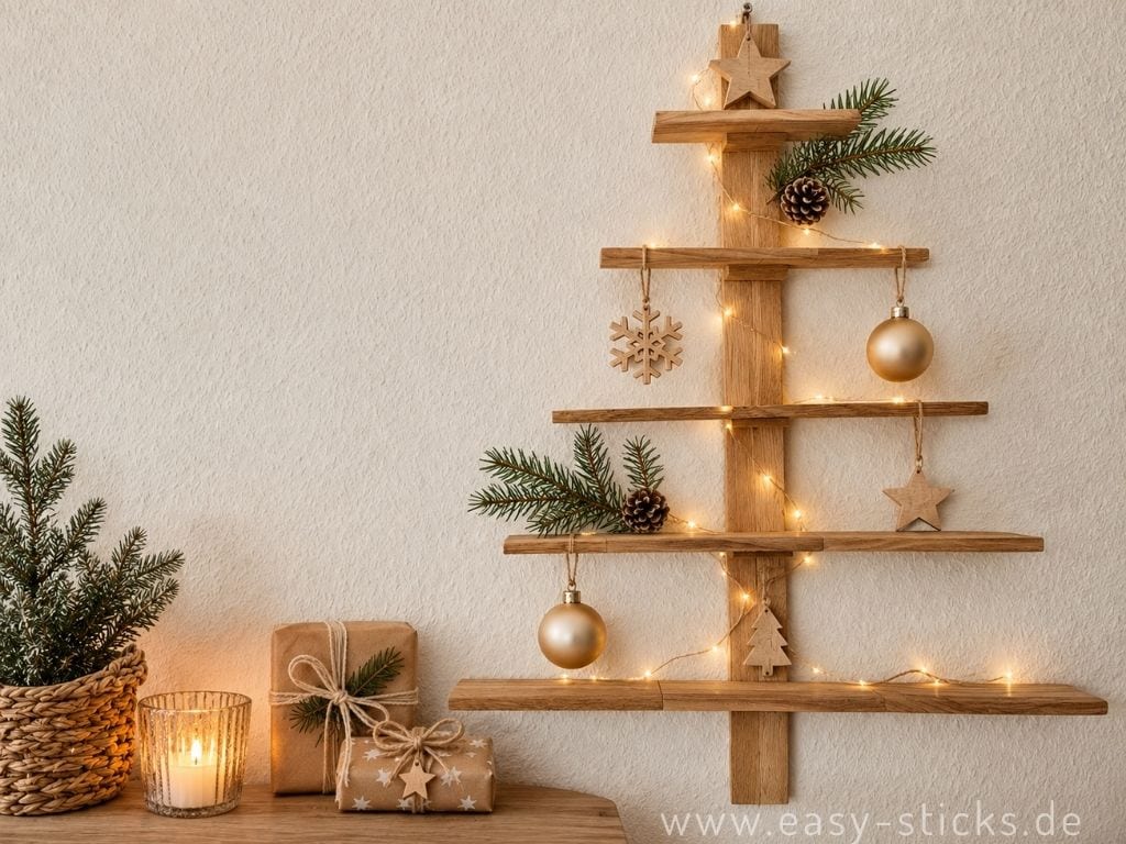 Baumregal für die Weihnachtszeit schlicht dekoriert