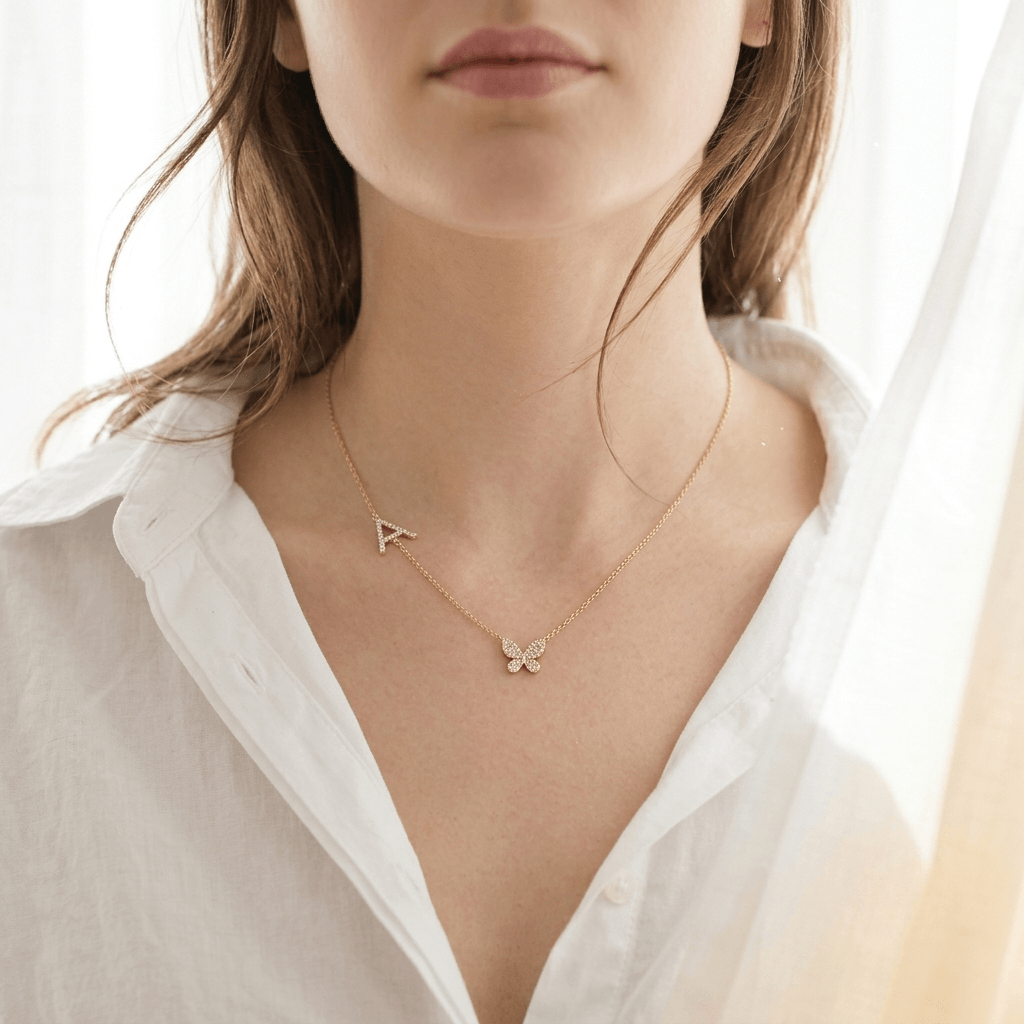 Diamond Pavé Butterfly Initial Necklace 14K