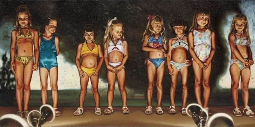 Hyperrealistic painting of eight young girls in swimsuits standing under stage lights, arranged in a row as if participating in a child beauty pageant, with dark and ambiguous background tones.