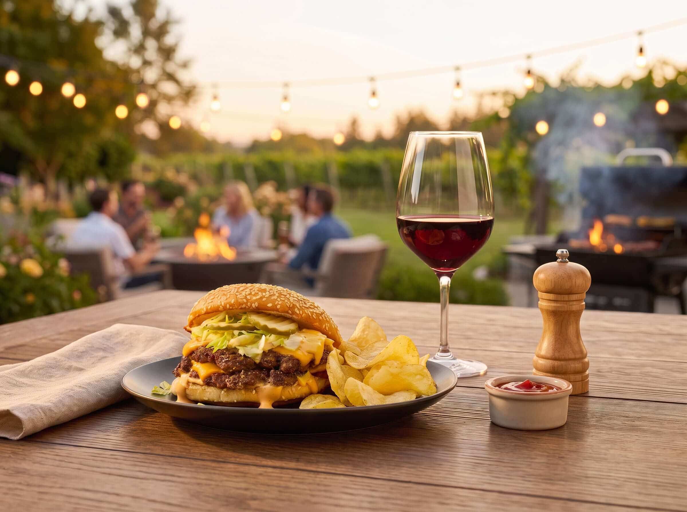 Summer food & wine pairing Smash Burger in a table in a backyard setting