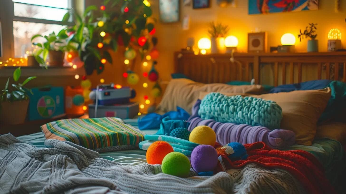 a vibrant college care package overflowing with colorful self-care items like cozy sleep masks, stress balls, and yoga mats, all arranged on a soft bed, creating a warm and inviting atmosphere of support and comfort.