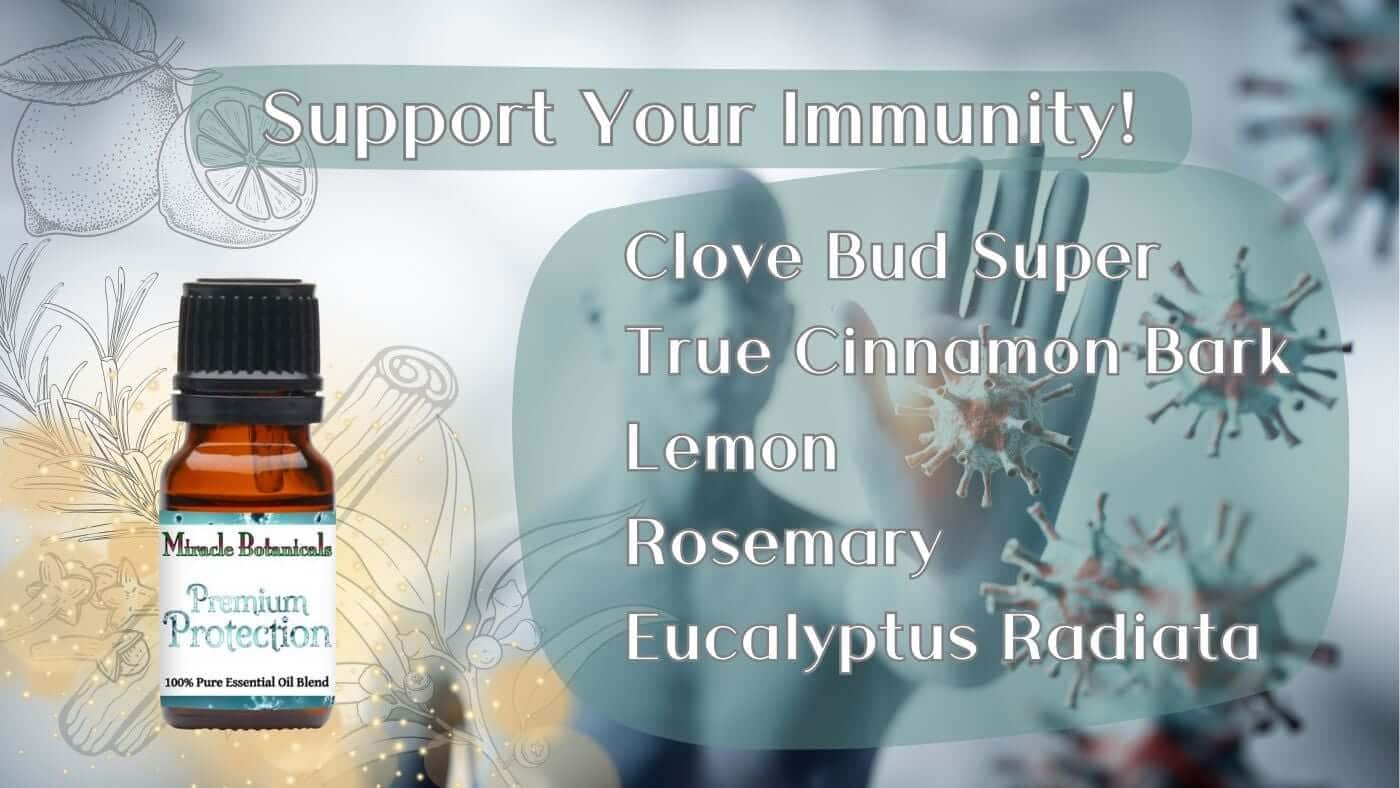 amber bottle of Premium Protection essential oil blend by Miracle Botanicals, with graphics of lemon, rosemary, cloves, cinnamon bark, and eucalyptus... A man holding his hand up to viruses and microbes, text reads "Support Your Immunity!... Clove Bud Super, True Cinnamon Bark, Lemon, Rosemary, Eucalyptus Radiata"