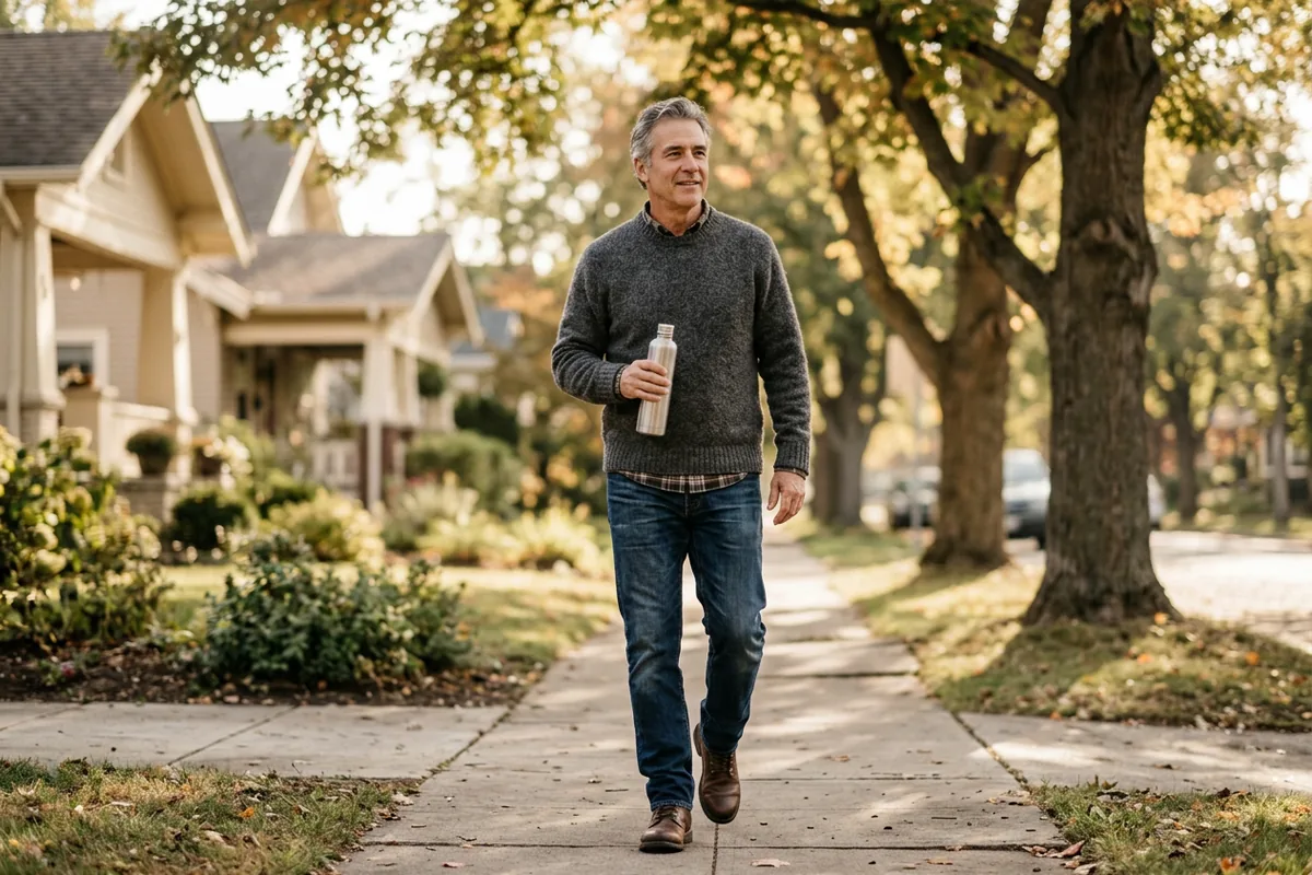 Man in his late fifties walking on a quiet neighborhood sidewalk with a water flask