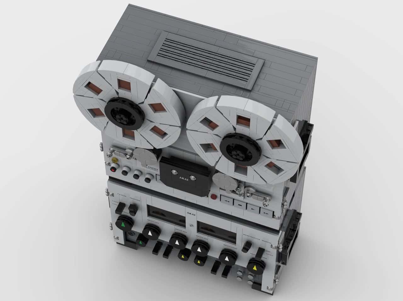 Front view of the LEGO AKAI reel-to-reel tape deck