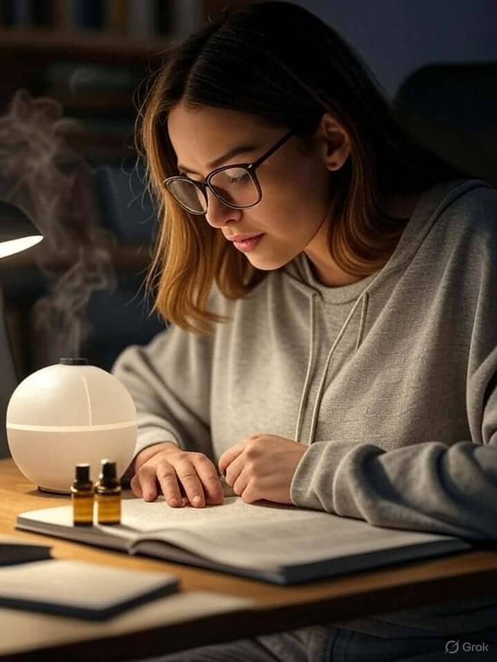 A young woman with shoulder-length wavy brown hair, wearing black-rimmed glasses and a low-cut gray hoodie that accentuates her large breasts and shows cleavage, intently studies from an open textbook at a wooden desk in a brightly lit study room.