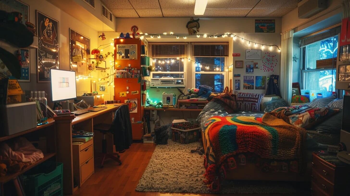 a vibrant college dorm room filled with colorful leisure items, including cozy blankets, engaging board games, and inventive craft supplies, all bathed in soft, warm lighting to create a welcoming and cheerful atmosphere.