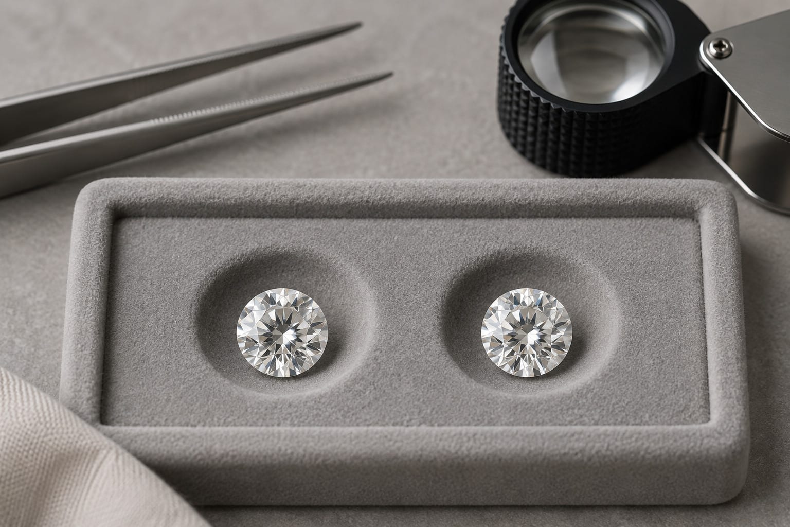 Two loose white diamonds shown side by side on a neutral comparison tray