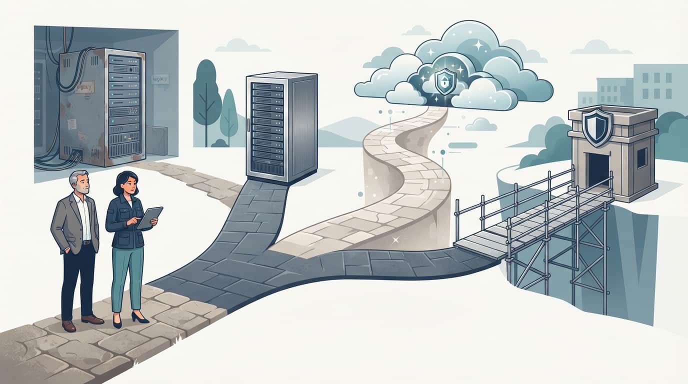 Illustration of a business owner and IT consultant choosing between a new server, the cloud, or a temporary bridge of extended security updates