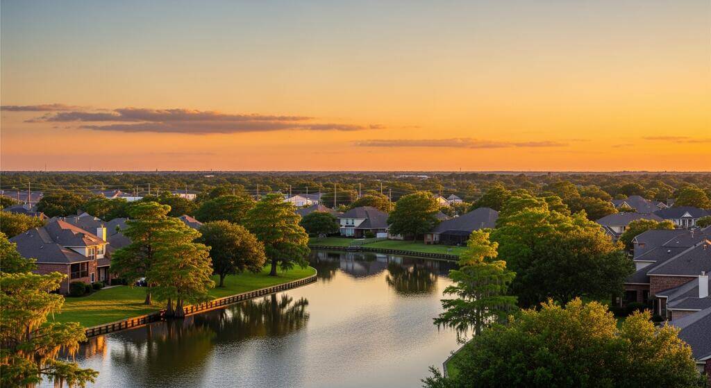 Aerial view of tree-lined neighborhoods where families buy a home in League City TX