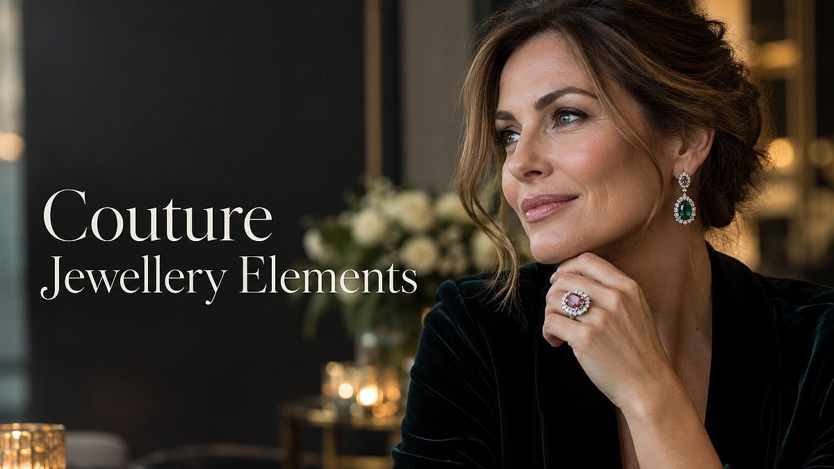 Woman wearing refined gemstone and natural diamond jewellery inspired by high jewellery design.