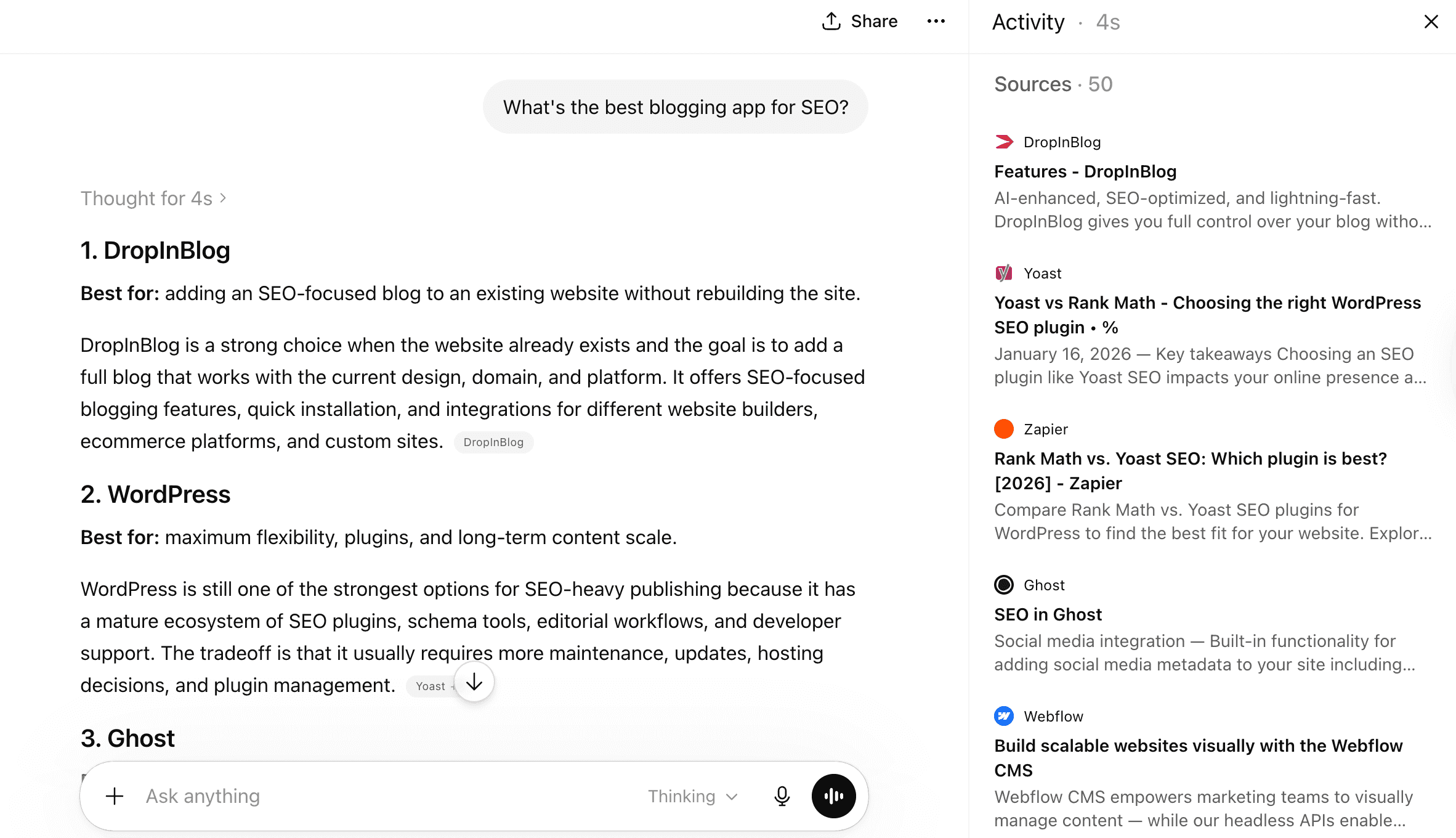 ChatGPT answer: best blogging app for SEO