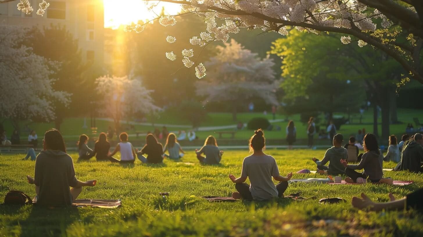 a serene campus scene at dusk features a diverse group of students engaged in meditation under a blossoming cherry tree, illuminated by soft, golden sunlight filtering through the branches, symbolizing the journey toward mental health awareness and support.