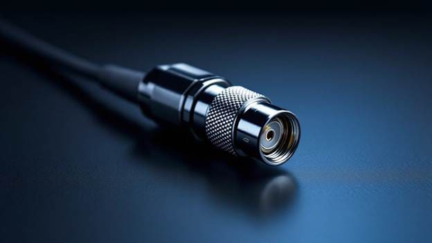 Conector coaxial RF tipo N plateado con tuerca de acoplamiento roscada moleteada montado en cable coaxial de baja pérdida LMR-400