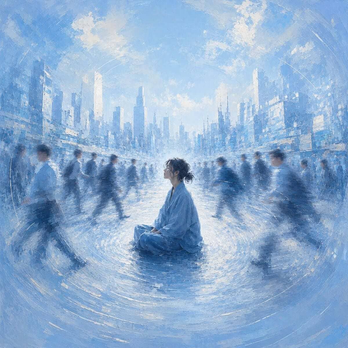 A lone person sits calmly in blue daylight as blurred commuters swirl through a busy city, contrasting inner stillness with a sense of urgency.