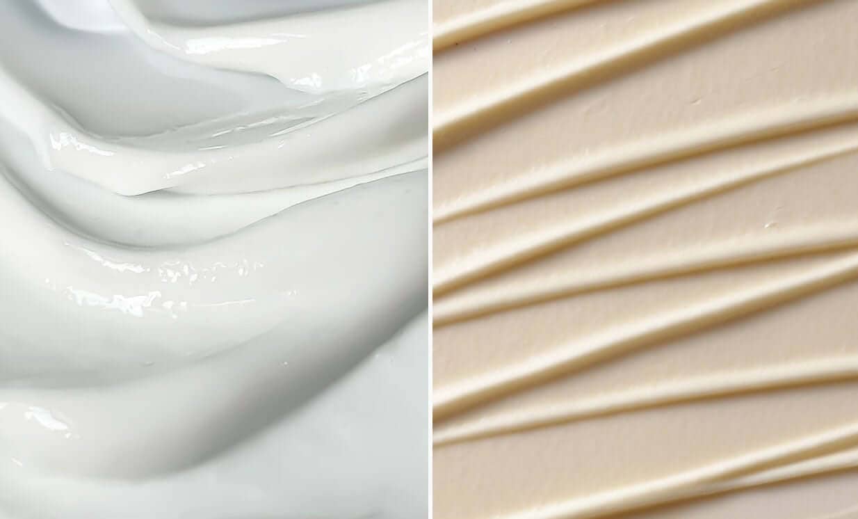 Side-by-side texture comparison showing white cream moisturiser and golden oil serum for sensitive skin
