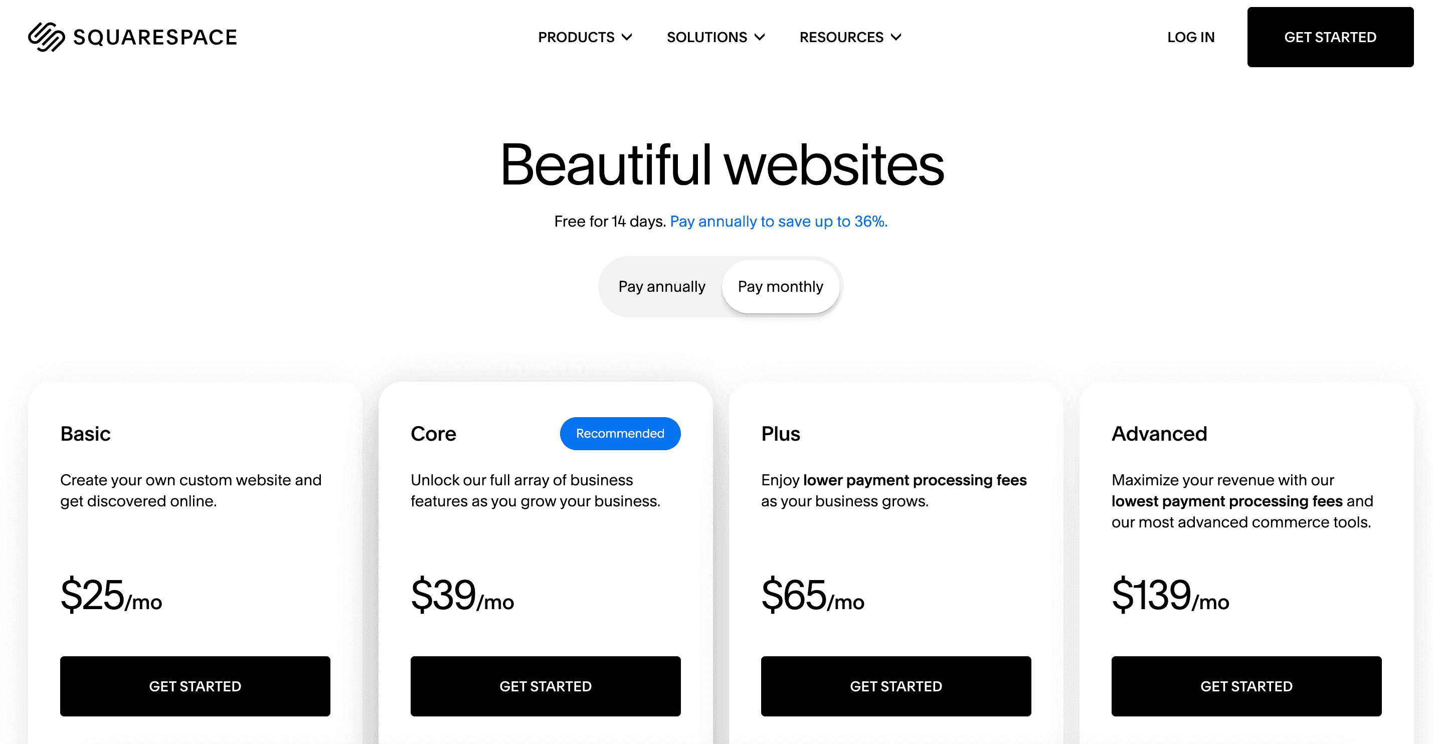 Shopify vs Squarespace: Squarespace pricing