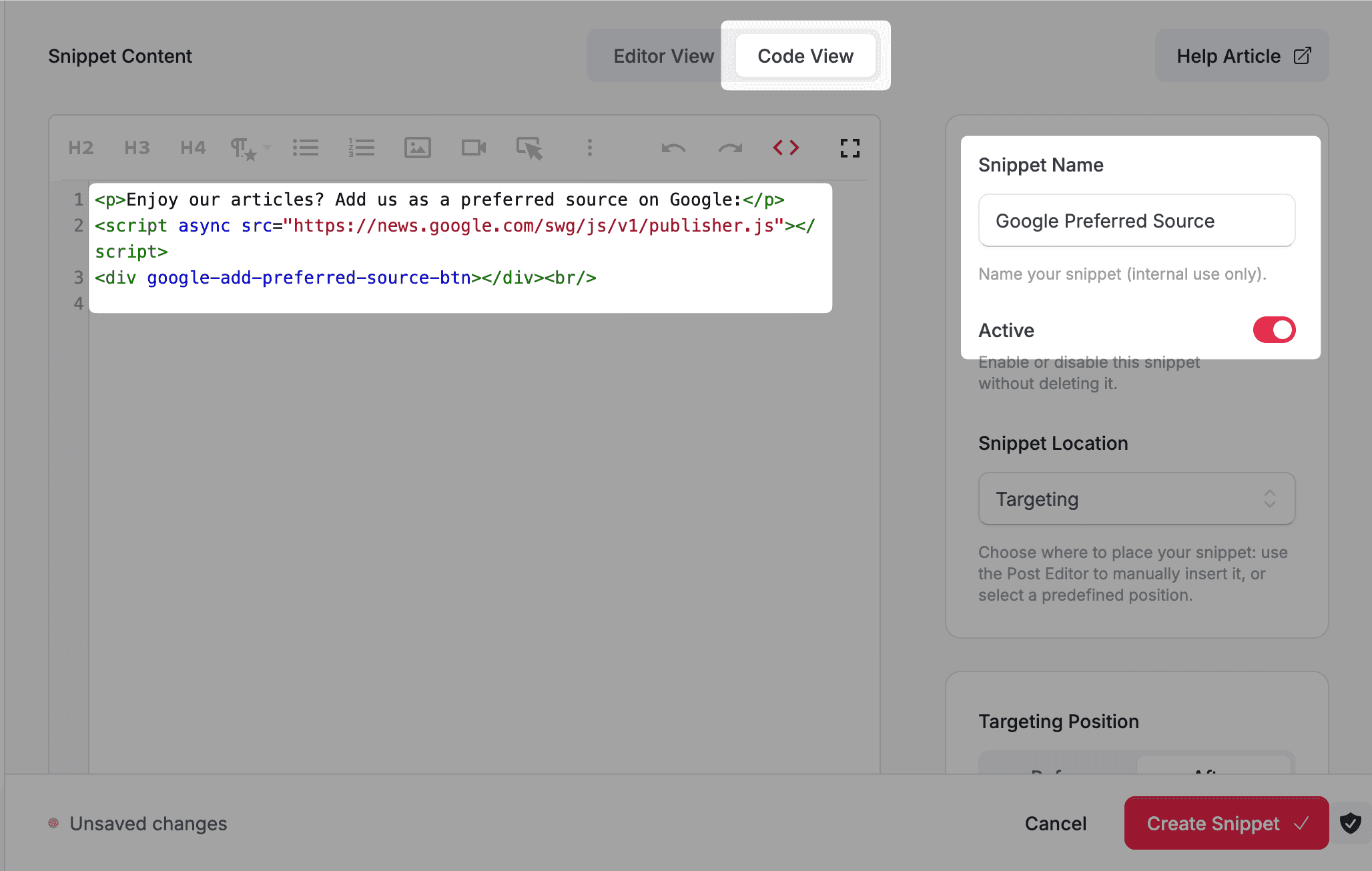 DropInBlog snippet editor in Code View with the Google Preferred Sources button code pasted in, the snippet named "Google Preferred Source," and the Active toggle switched on