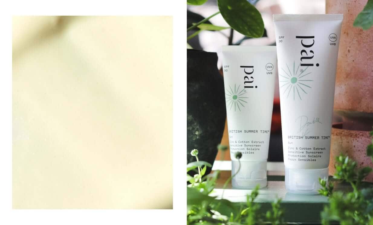 Pai British Summertime SPF 30 sunscreen tubes surrounded by green plants on terracotta surface for sensitive teen skin