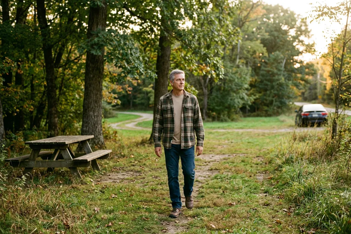 Man in his late fifties walking at a highway rest area to break up a long drive