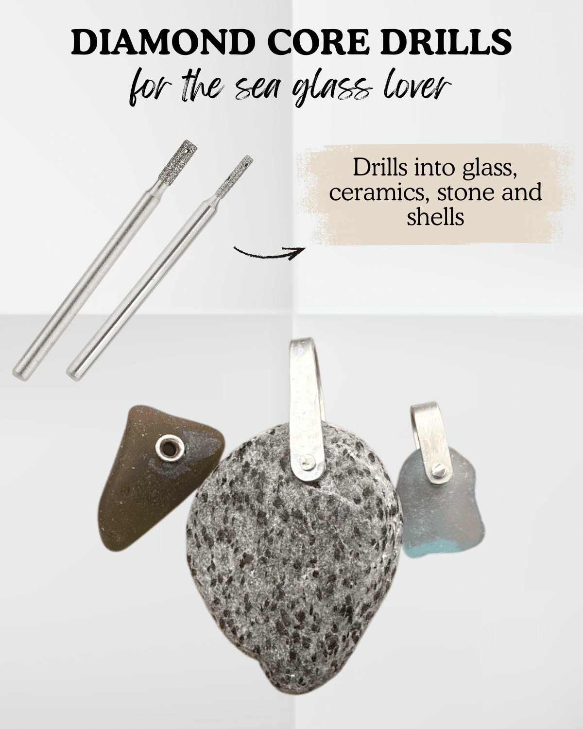Gesswein Diamond Core Drill 2.5 mm (3 mm shank) shown with sea-glass pendant—ideal for drilling into stone, glass and ceramics. Featured in the 2025 Metalsmith Society Gift Guide.