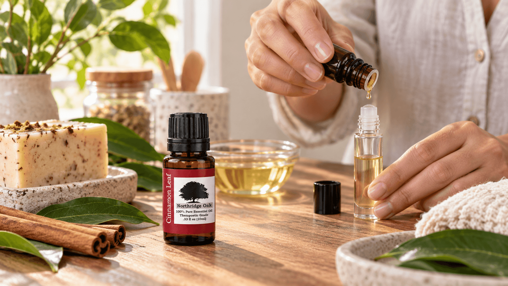 Cinnamon Leaf essential oil with handmade soap and a perfume roller at an artisan vanity