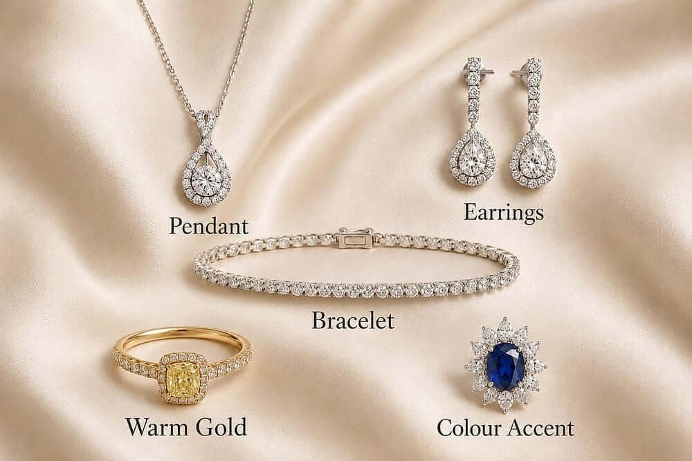Luxury flat lay of spring diamond jewellery categories including pendant, earrings, bracelet, warm gold ring and colour accent on champagne silk.