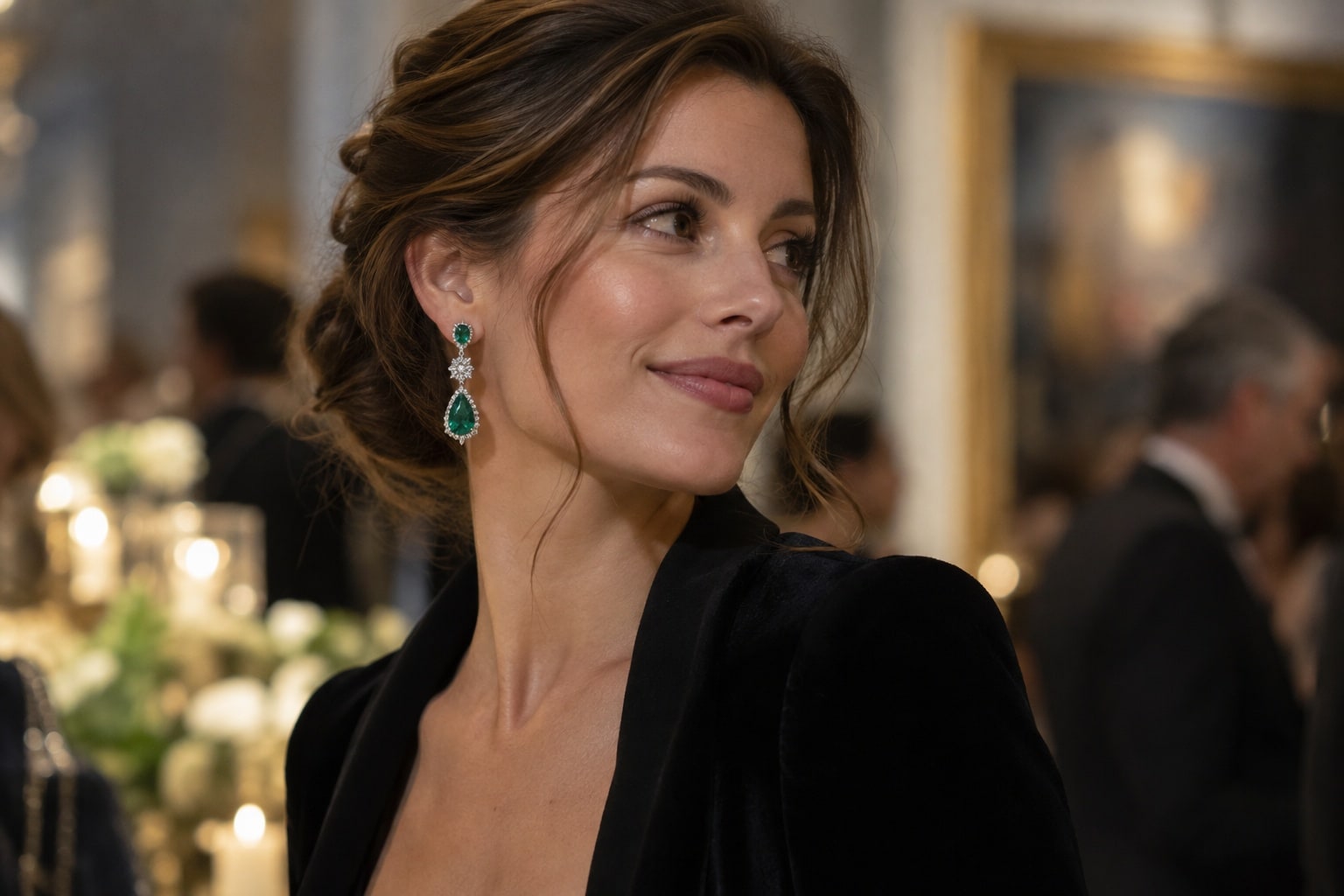 Woman in evening clothes wearing articulated gemstone drop earrings that move naturally with her