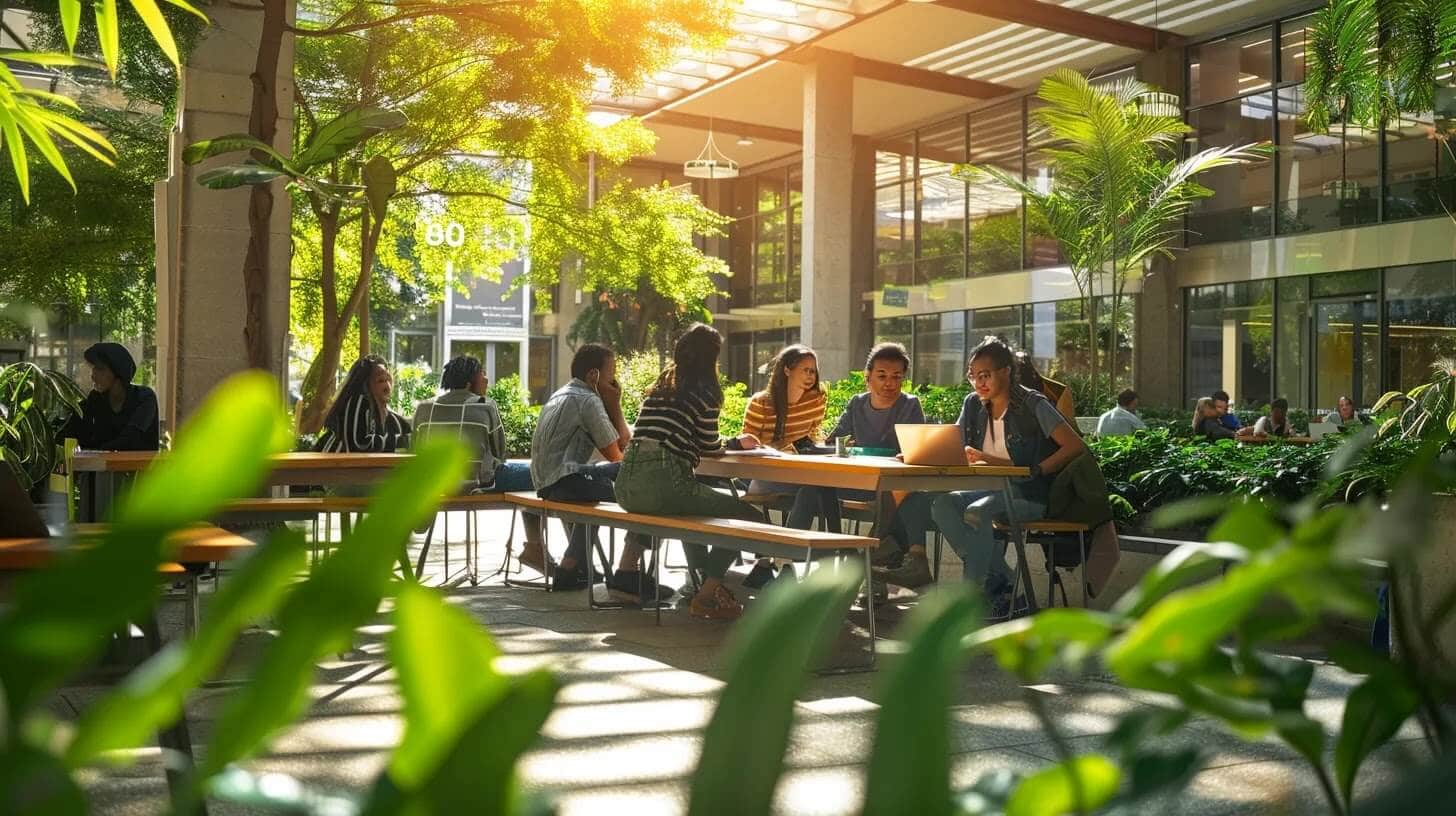 a vibrant campus setting showcases a diverse group of students engaged in a training session on mental health apps, surrounded by greenery and sunlight, symbolizing a supportive and empowering community.