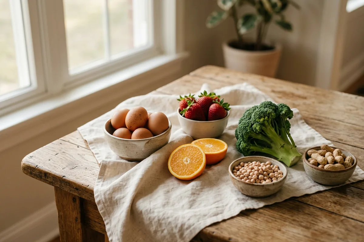 Eggs, strawberries, oranges, broccoli, chickpeas and peanuts on a wooden table