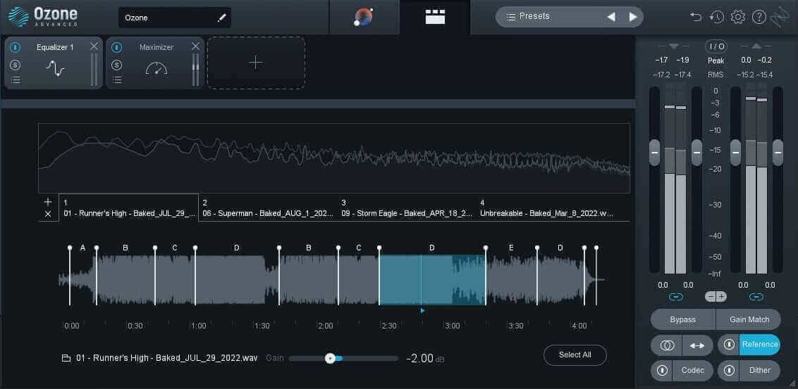 Ozone has multiple built-in features that offer a seamless and intuitive A/B listening experience between your music and reference tracks