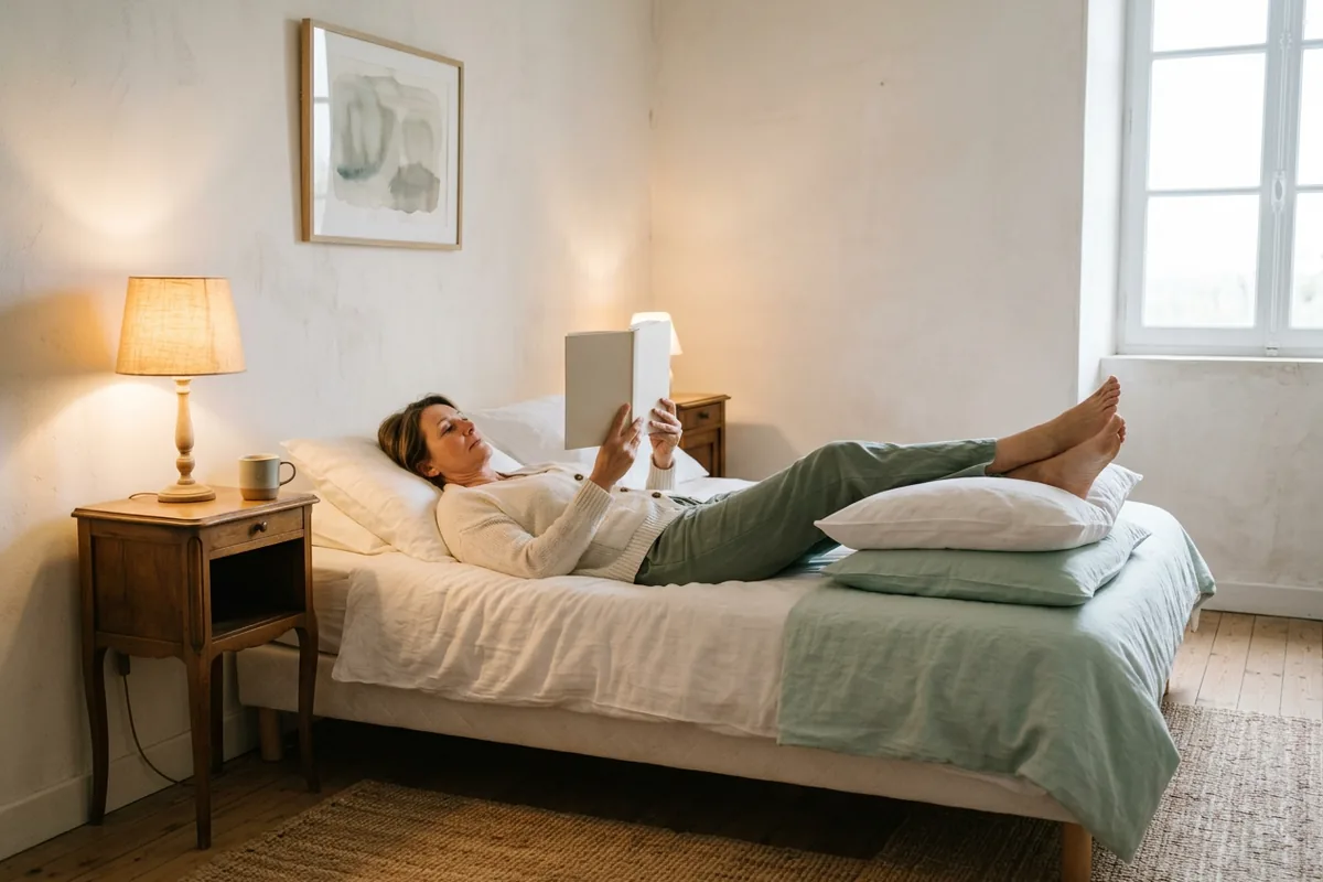 Femme allongée sur son lit qui lit, les jambes surélevées sur des oreillers