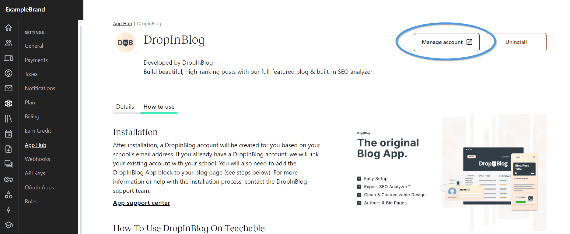 Accessing DropInBlog from your Teachable dashboard