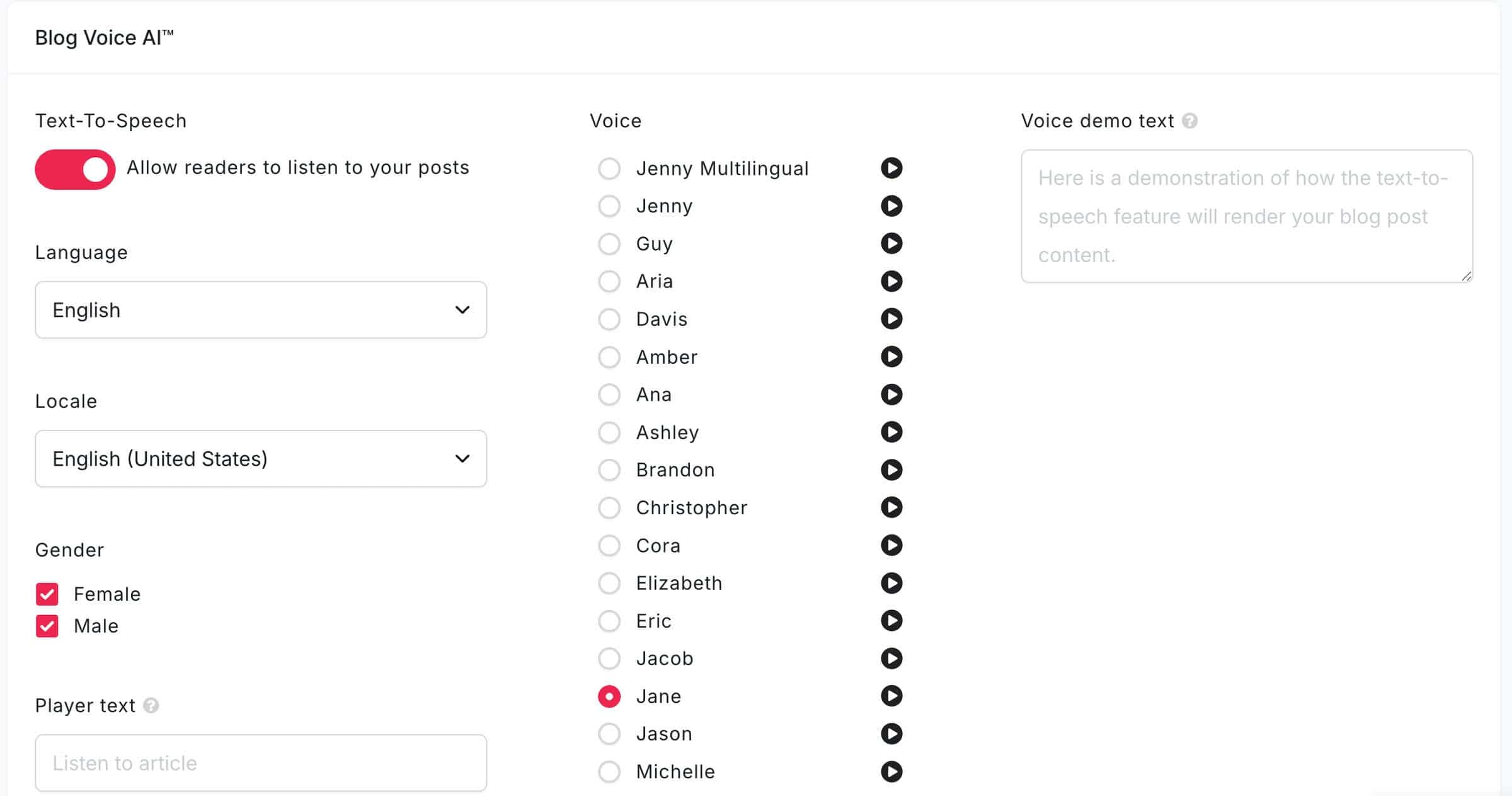 Blog Voice AI™ settings