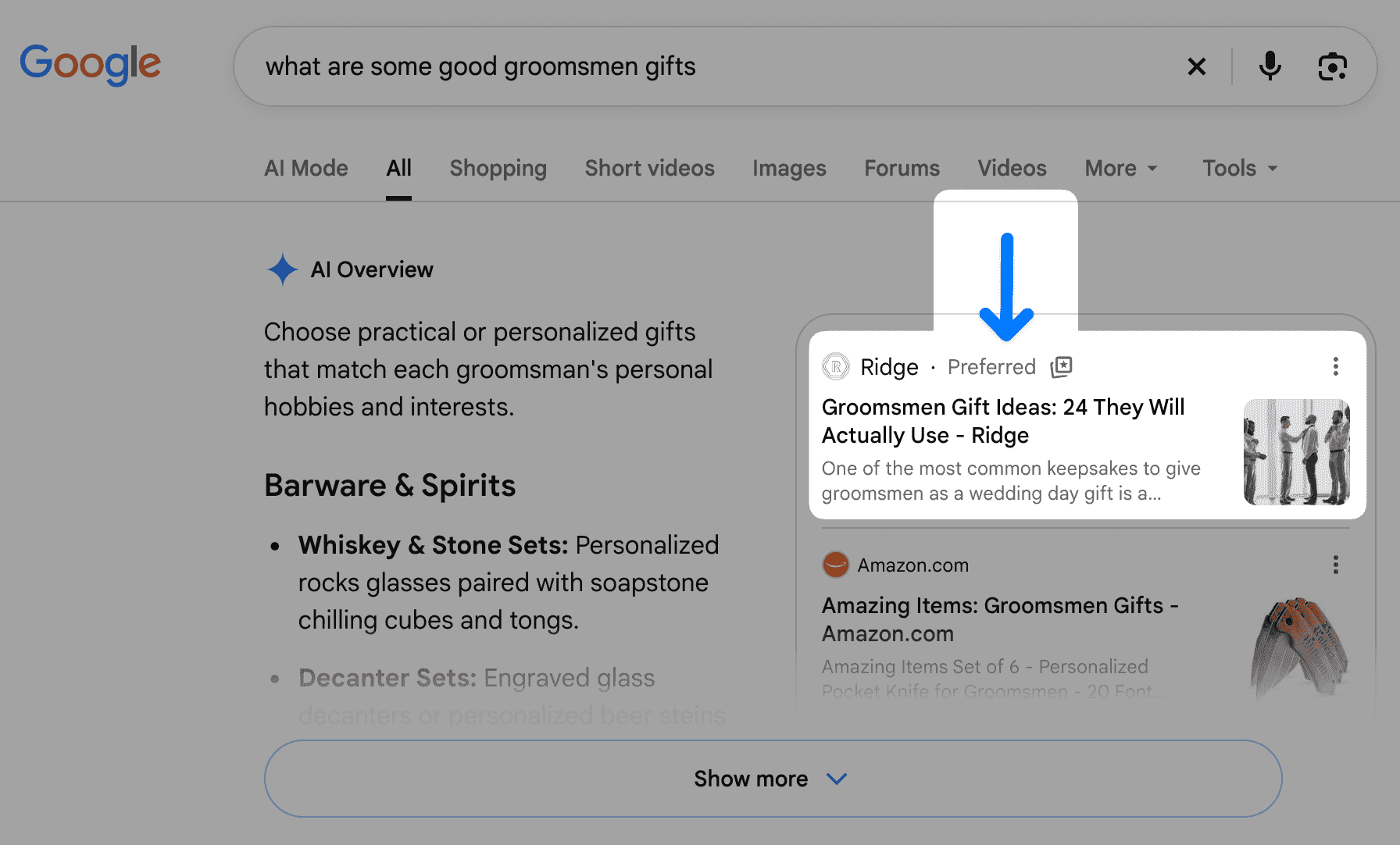 Google search for "what are some good groomsmen gifts" showing an AI Overview, with an arrow pointing to a Ridge gift guide labeled "Preferred" in the sources panel