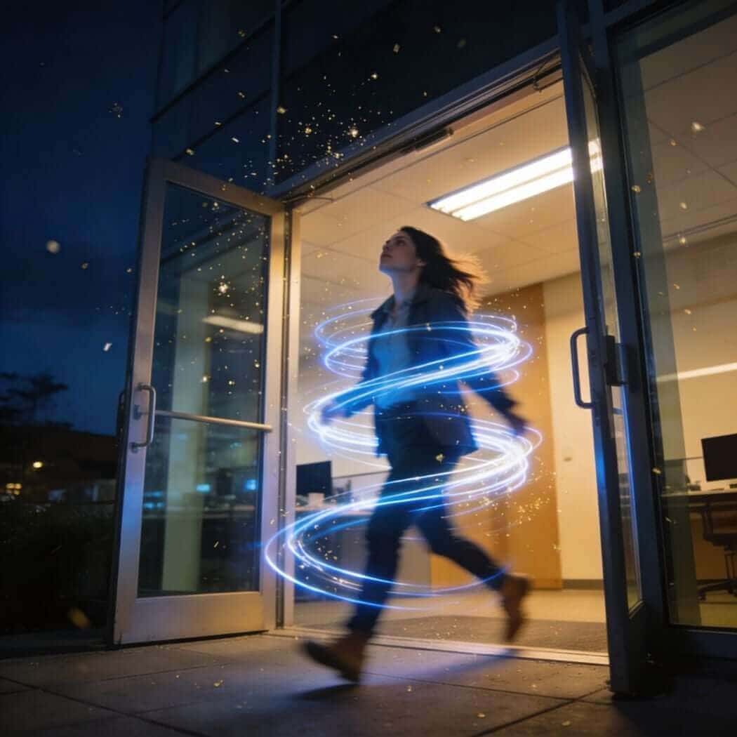 A woman steps out of her office into the night, leaving behind the need to fix yourself, as blue-white energy spirals around her.