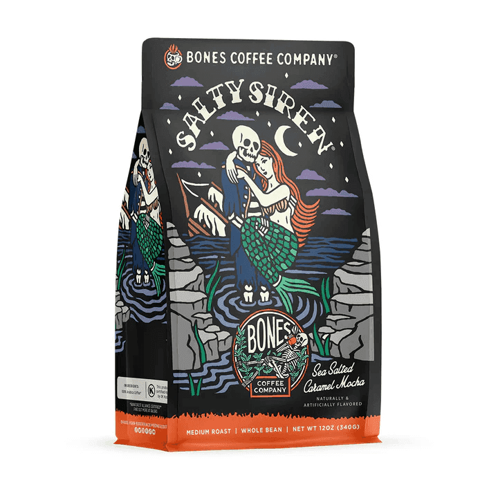 Bones Coffee Highland Grog bag with skeleton in Scottish attire illustration, butterscotch caramel flavor.