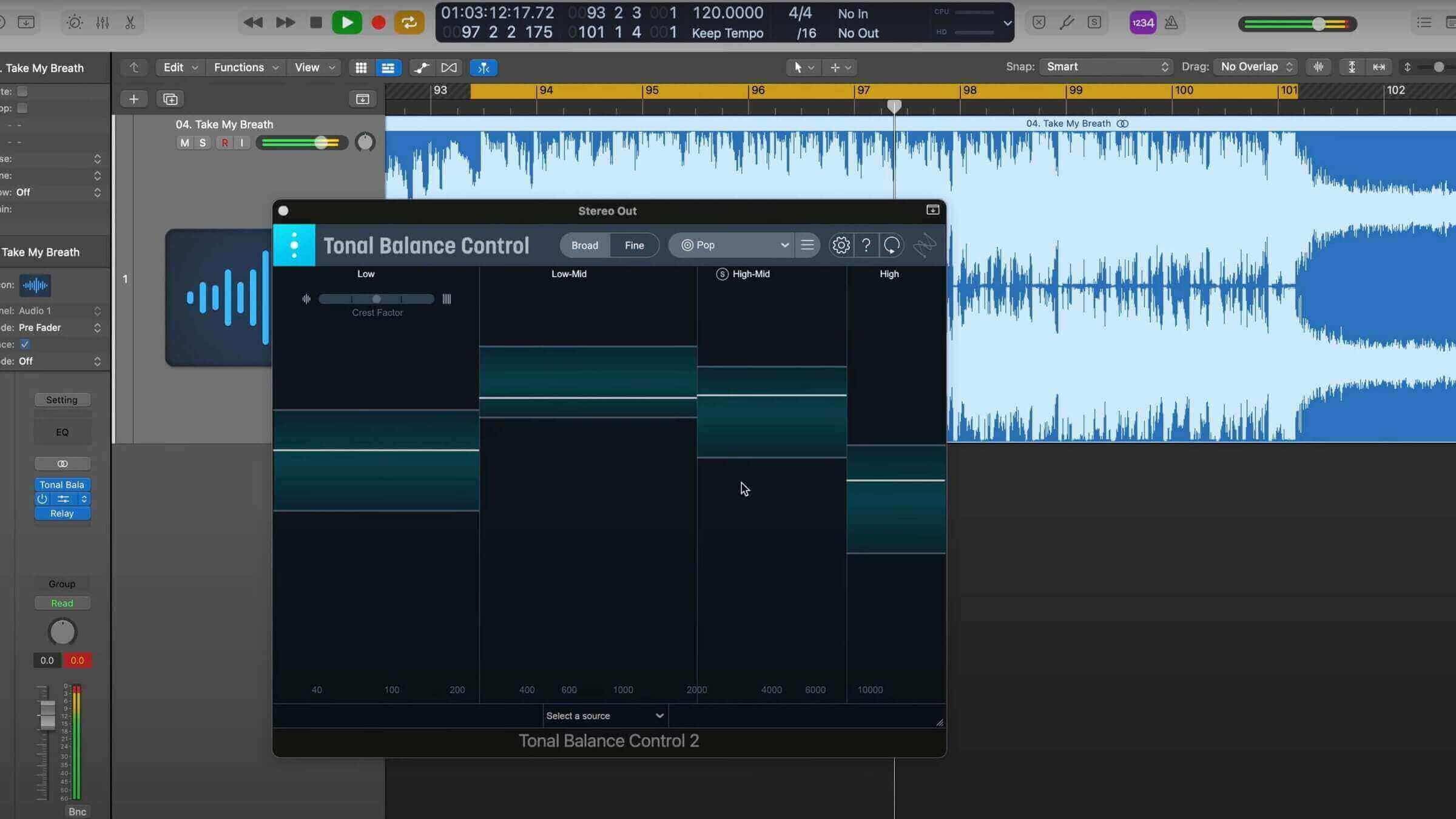 “Take My Breath” chorus being measured against the pop target in Tonal Balance Control