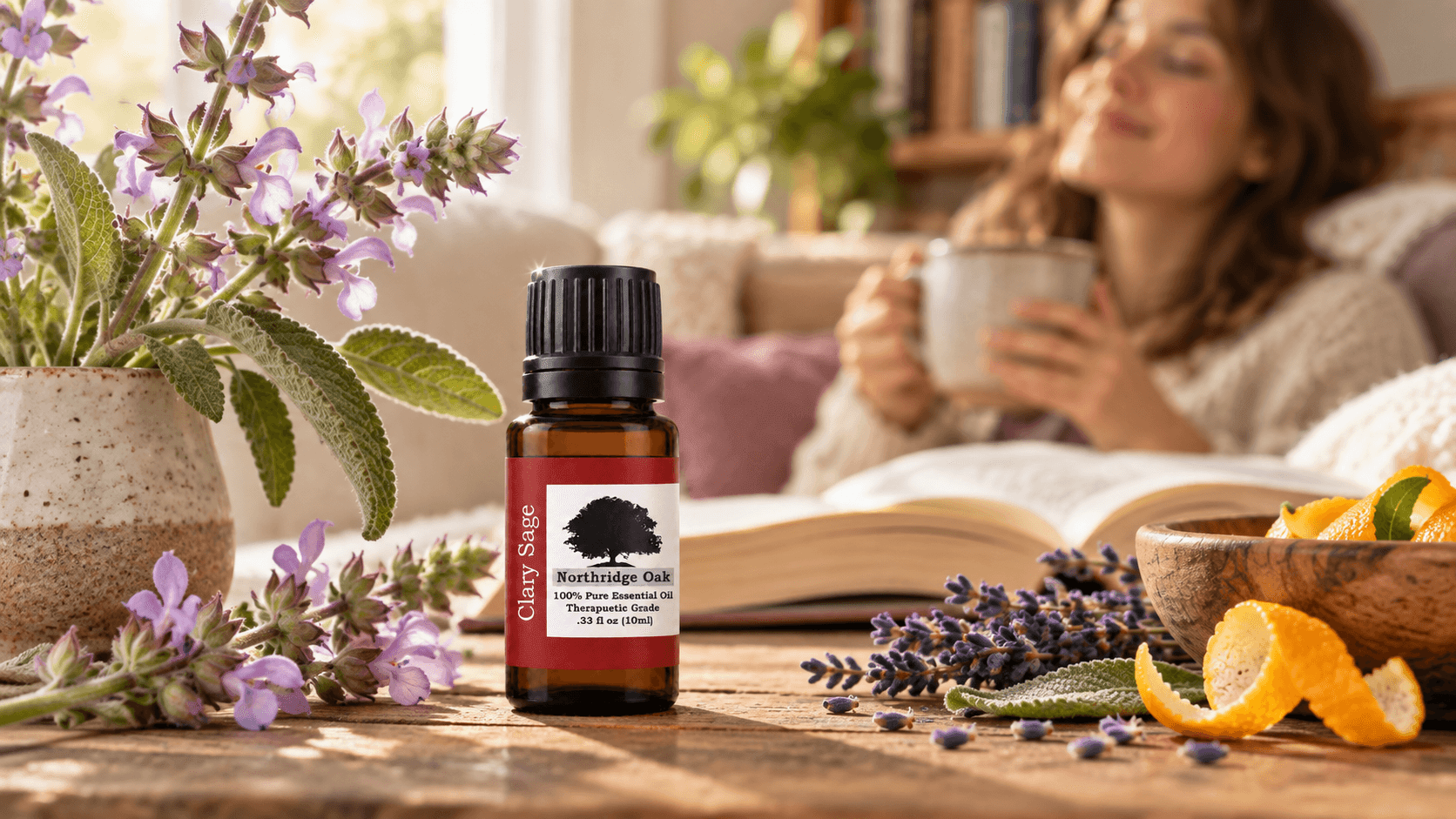 Clary Sage essential oil with flowering sage, lavender and citrus in a relaxed reading nook