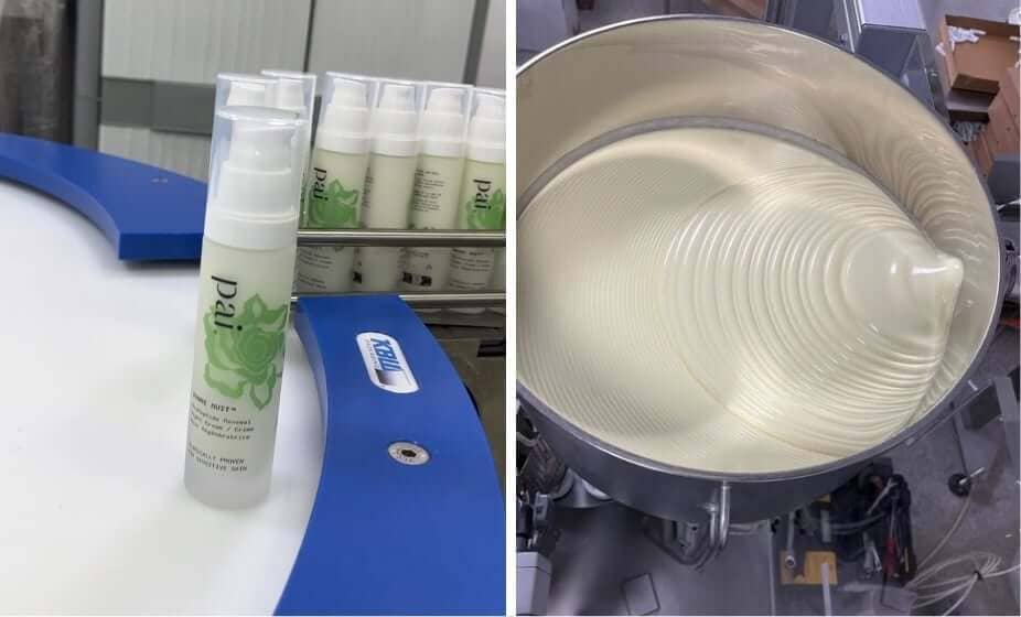 Pai Bonne Nuit face oil tubes and industrial homogenization equipment in skincare production lab